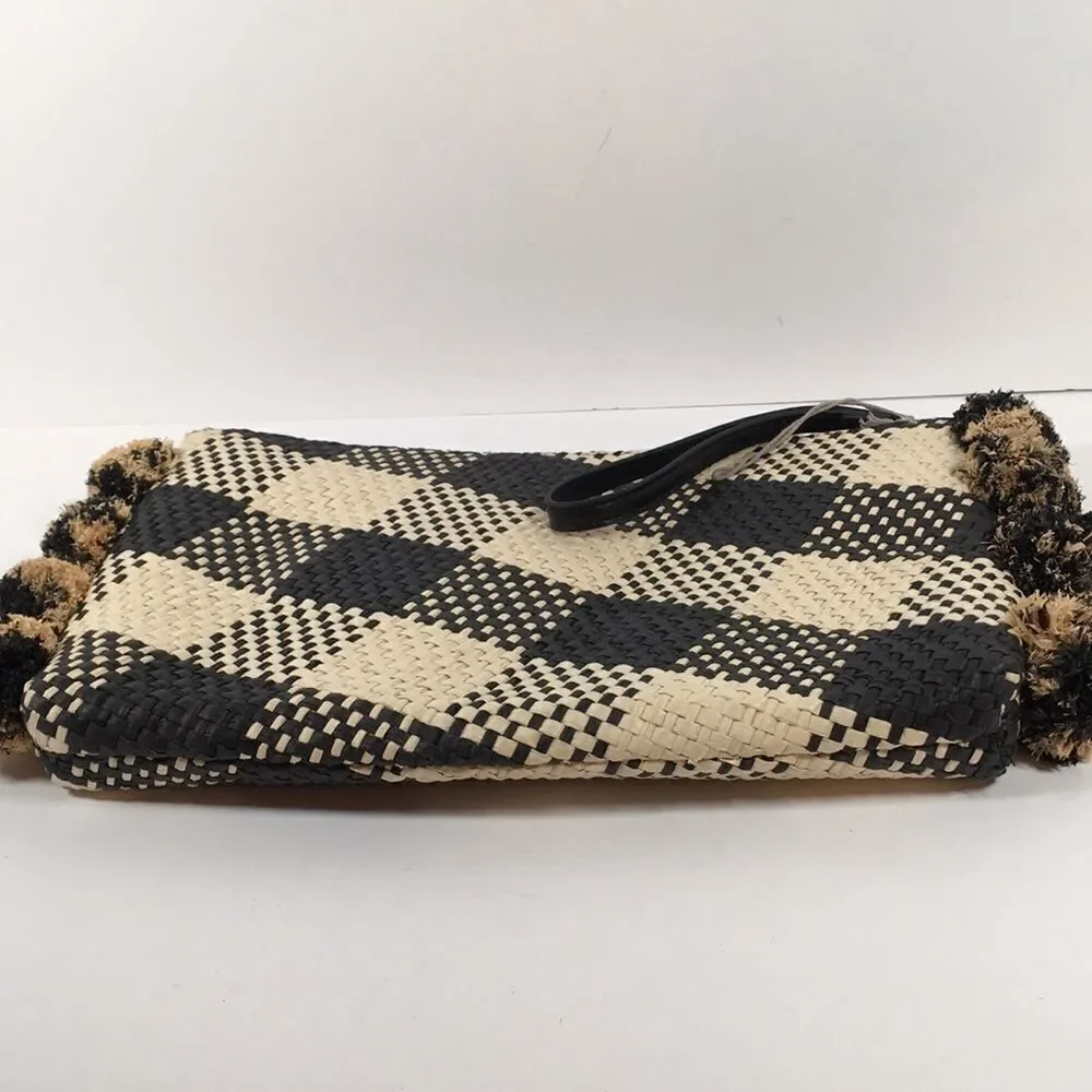 A New Day Straw Rafia Black and Creme Pom Pom Clutch Wristlet